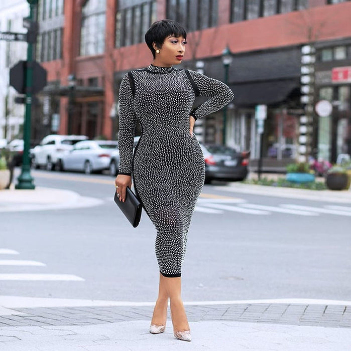 Color-Tight Dress New Long Sleeve Mesh Rhinestone Dress Nightclub Dress Plus Size-Fancey Boutique