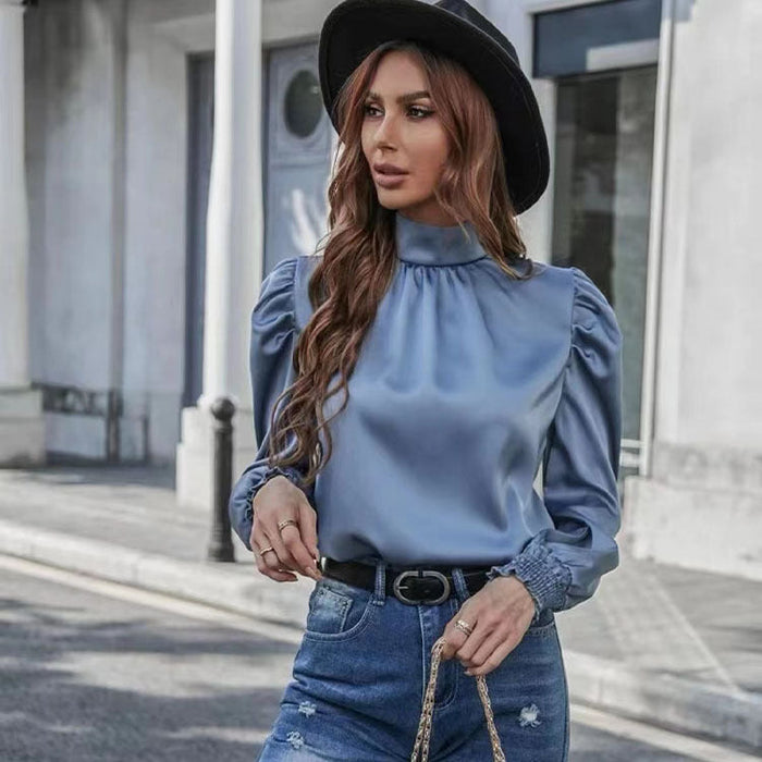 Color-Women Shirt Autumn Arrival Elegant Half Turtleneck Bubble Long Sleeve Pleated Fit Type Women Blouse-Fancey Boutique