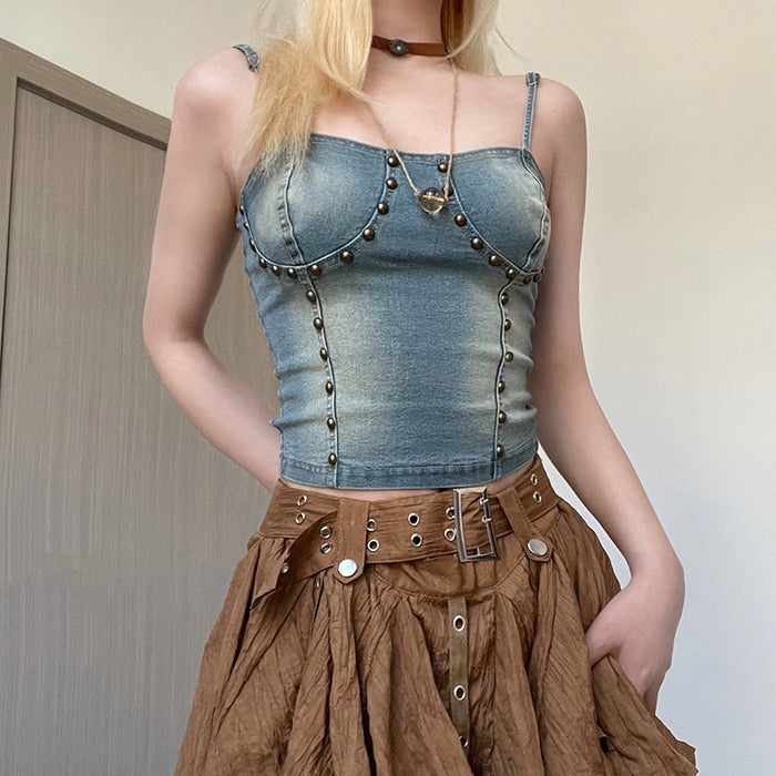 Color-Rivet Denim Split Stitching Sexy Sling Backless Lace up Waist Slimming Old Vest Skirt Sets-Fancey Boutique