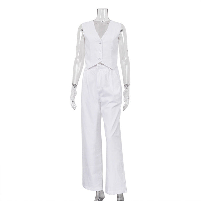 Color-White-Women Clothing Summer Cotton Linen Sleeveless Vest Waistcoat Trousers Two Piece Set Women Casual Set-Fancey Boutique