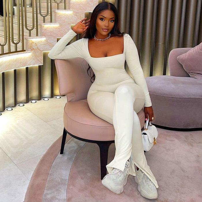 Color-White-Women Clothing Square Collar Solid Color Tight Mid Length Tight Wide Leg Jumpsuit-Fancey Boutique