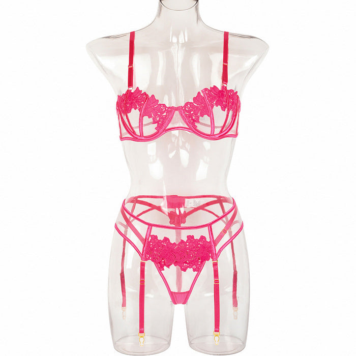 Color-Coral Red-Sexy Three Piece Set Hollow Out Cutout Sexy Sexy Lingerie Three Piece Set-Fancey Boutique