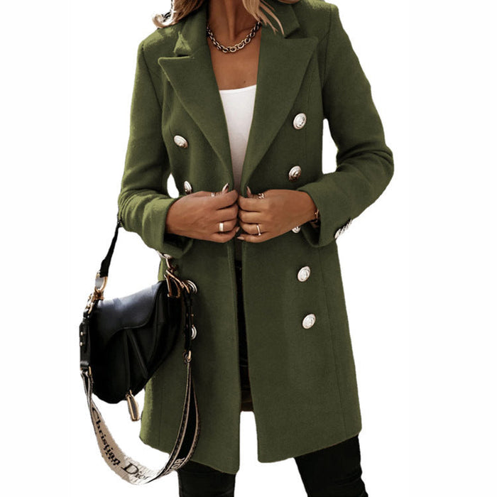 Color-Army Green-Autumn Winter Long Sleeve Blazer Collar Double Breasted Woolen Coat Coat for Women-Fancey Boutique