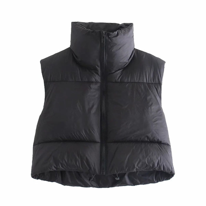 Color-Black-Sleeveless Zipped Stand Collar Cotton Vest Autumn Winter Multi Color Slim Fit Cotton Padded Jacket Vest Top-Fancey Boutique