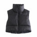 Color-Black-Sleeveless Zipped Stand Collar Cotton Vest Autumn Winter Multi Color Slim Fit Cotton Padded Jacket Vest Top-Fancey Boutique