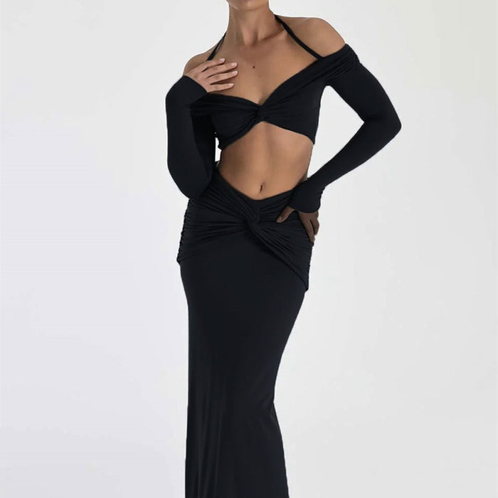 Color-Autumn Winter Women Clothing two piece set off Shoulder Halter Twisted cropped Long Sleeve Long Skirt Set-Fancey Boutique