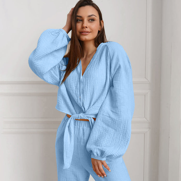 Color-Autumn Winter Blue Color Simple Outdoor Long Sleeved Trousers Pajamas Two Piece Set Home Wear for Women-Fancey Boutique