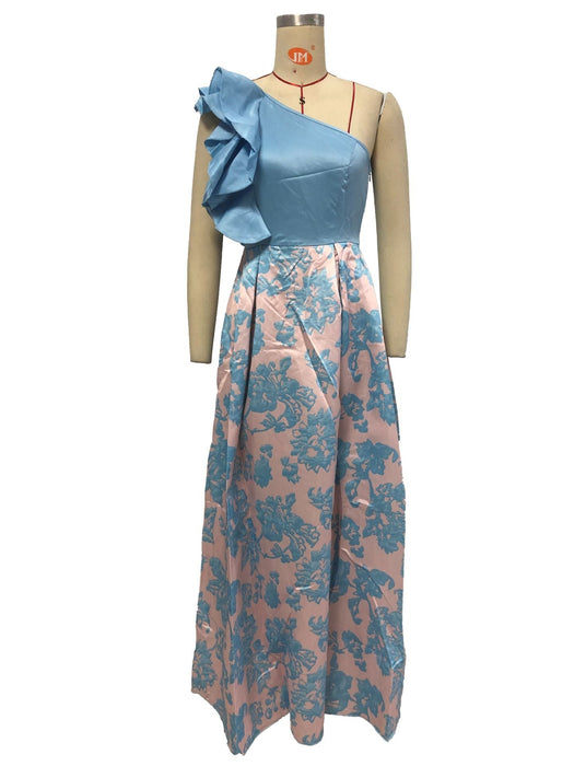 Color-Blue-Women Clothing Print Diagonal Collar Lotus Edge One Shoulder Dress-Fancey Boutique