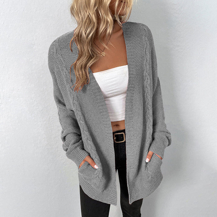 Color-Gray-Solid Color Pocket Knitted Cardigan Autumn Winter Retro Twist Sweater Women Coat-Fancey Boutique