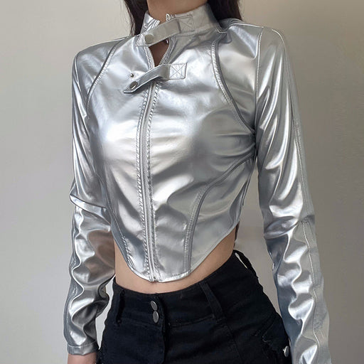 Color-Hipster Reflective Leather Jacket Stand Collar Irregular Asymmetric Hem Short Cropped-Exposed Sexy Faux Leather Jacket Top-Fancey Boutique