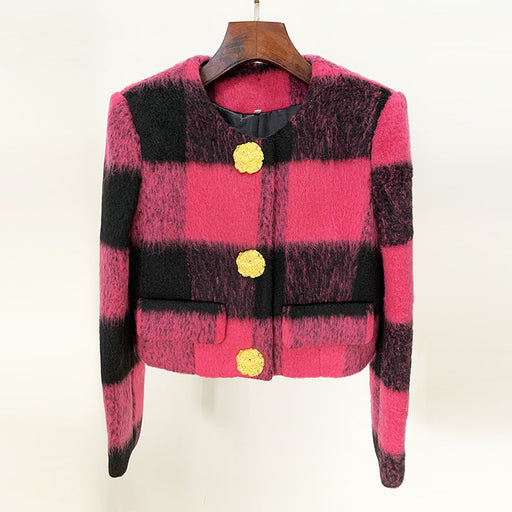 Color-Goods Star Irregular Asymmetric Daikin Button round Neck Plaid Woolen Short Coat Jacket-Fancey Boutique