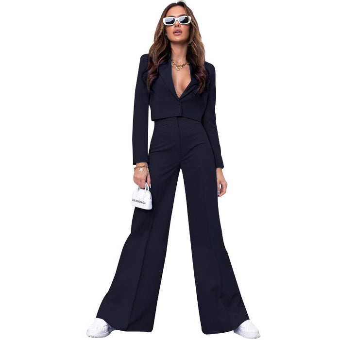 Color-Navy Blue-Autumn Winter Solid Color Short Long Sleeve Small Suit High Waist Wide Leg Pants Suit-Fancey Boutique