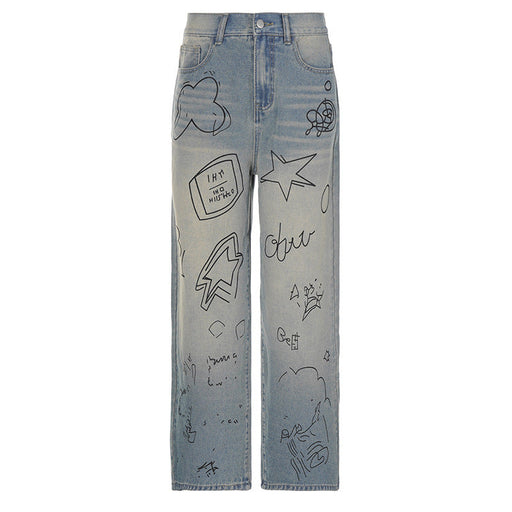 Color-Blue-Street Graffiti Washed Blue High Waist Jeans Hip Hop Sexy Loose Mopping Straight Leg Overalls-Fancey Boutique