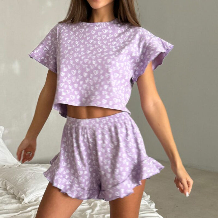 Color-Summer Ladies Casual Printing Suit Ruffled Short Sleeve round Neck Shorts Pajamas Two Piece Set-Fancey Boutique