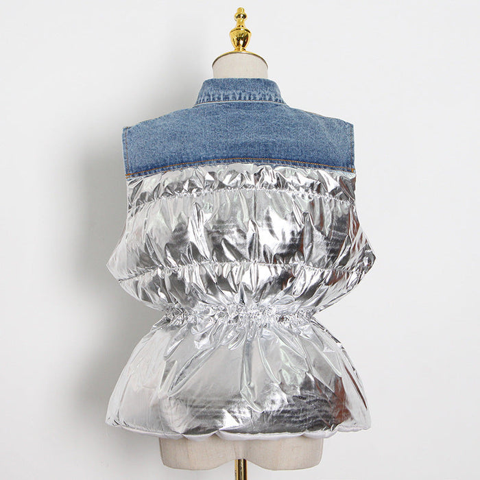 Color-Design Denim Stitching Vest for Women Autumn Casual Waist-Tight Waistcoat Cotton Coat Jacket-Fancey Boutique