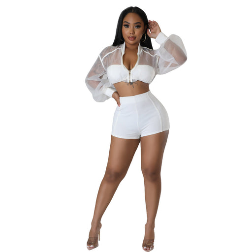 Color-White-Women Organza Top Solid Color Shorts Elegant Two Piece Set-Fancey Boutique