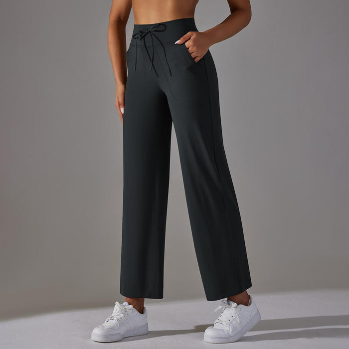 Color-Black-Sports Drawstring Wide Leg Pants Loose Nude Feel Trousers High Waist Double-Sided Pocket Fitness Yoga Pants-Fancey Boutique