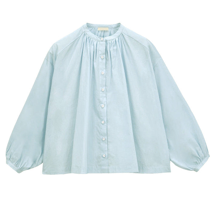 Color-Blue-Niche Design Shirt Women Long Sleeve Spring Summer Korean Loose Top Cotton Pleating White Shirt-Fancey Boutique