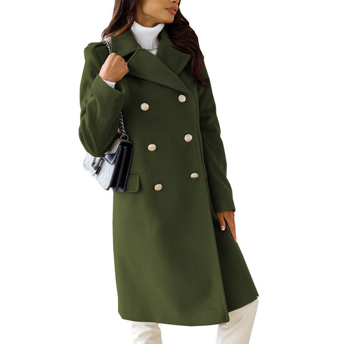 Color-Army Green-Autumn Winter Simplicity Long Sleeve Collared Double Breasted Woolen Coat Women Clothing-Fancey Boutique