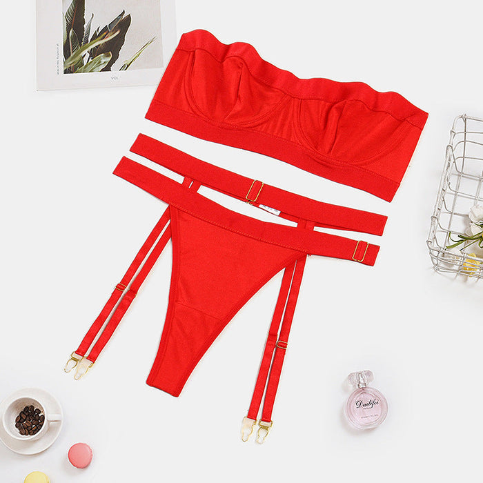 Color-Red-Summer Sexy Solid Color Zipper Tube Top Waist Seal Sexy Lingerie Three Piece Set-Fancey Boutique