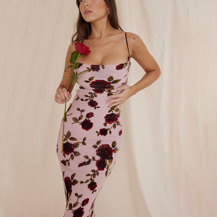 Color-Sexy Strap Backless Rose Printed Dress Vacation Slim Fit Lace up Sexy Dress-Fancey Boutique