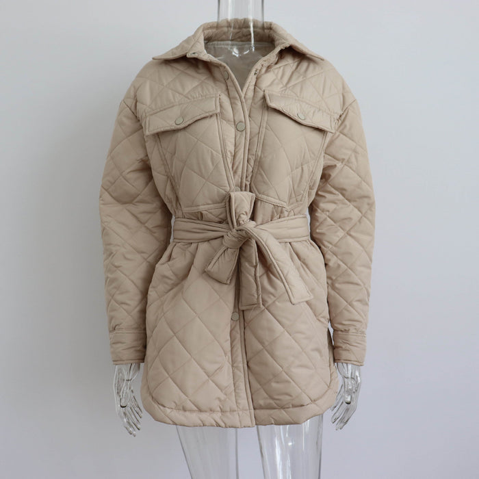 Color-Khaki-Long Breasted Collared Loose Warm Rhombus Cotton Padded Coat Autumn Winter Wild Thickened Cotton Padded Coat for Women-Fancey Boutique