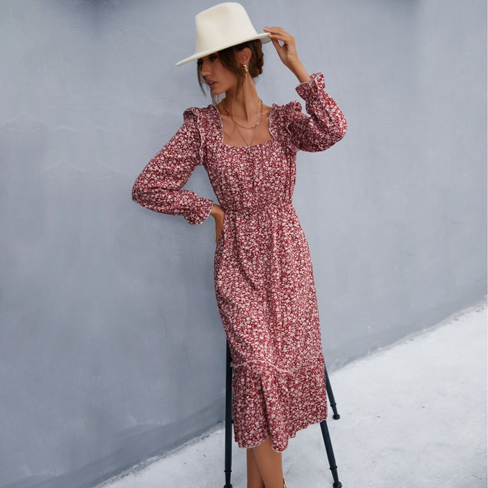 Color-Women Spring Clothing Long Sleeve Floral Square Collar Dress-Fancey Boutique