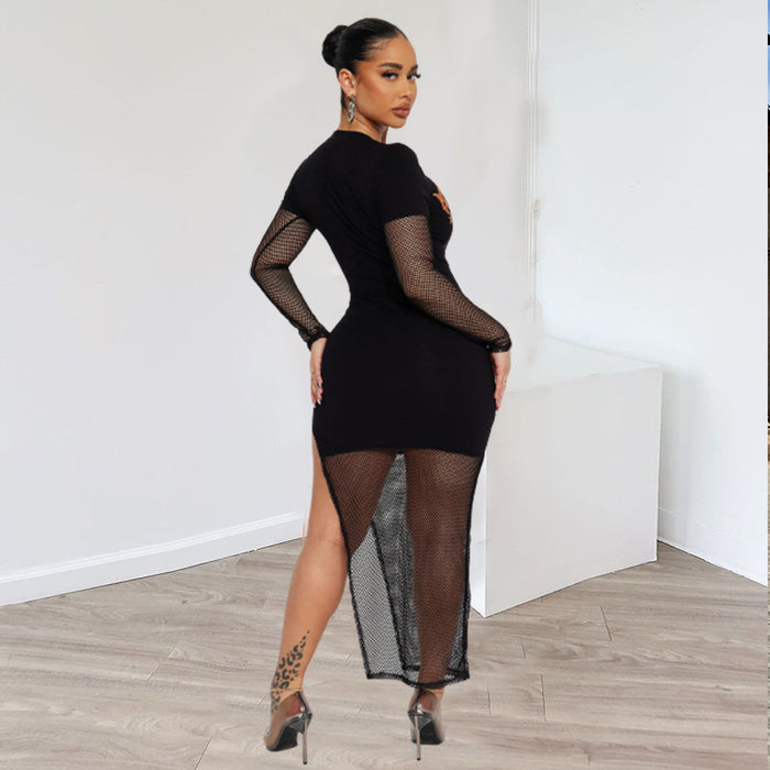 Color-Round Neck Long Sleeve Mesh Stitching Sexy Hollow Out Cutout Dress for Women-Fancey Boutique