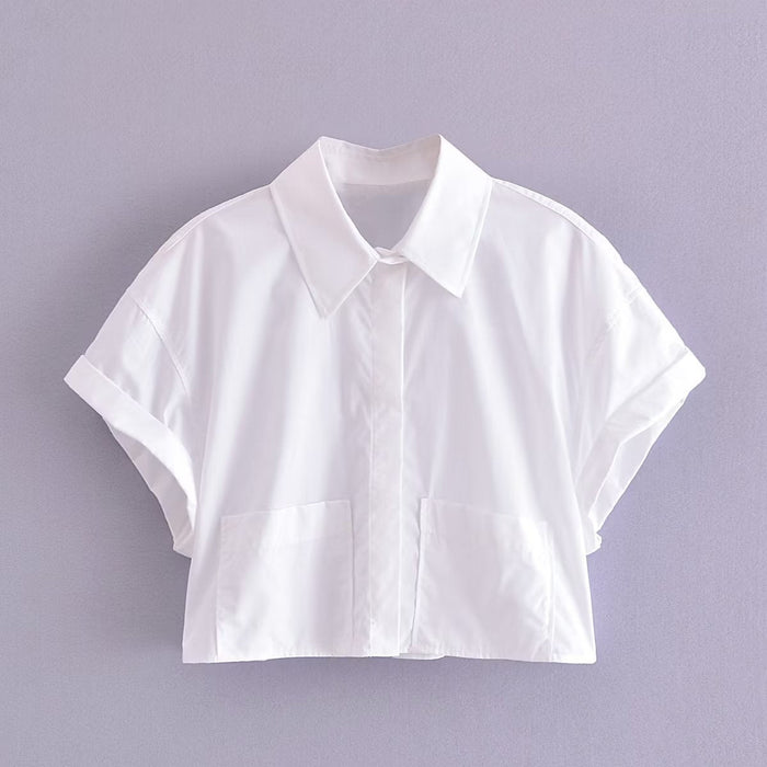 Color-White-Summer Women Clothing Collared Curling Short Sleeve Poplin Short Shirt-Fancey Boutique