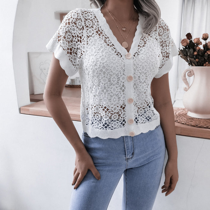 Color-White-Summer Vacation V neck Crocheted Hollow Out Cutout Lace Shirt Top Women Clothing-Fancey Boutique
