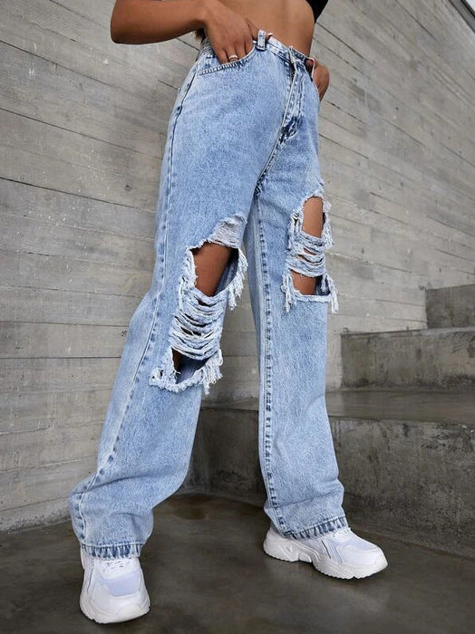 Color-Jeans Quality High Waist Retro Blue Washed Ripped Straight Jeans Women Trend-Fancey Boutique