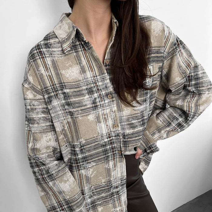 Color-Spring Mid Length Cotton Niche Design Plaid Long Sleeve Shirt Shirt Women Clothing-Fancey Boutique