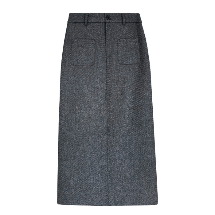 Color-Woolen Skirt High Waist Design Pocket Autumn Winter Cover Hip Woolen Skirt-Fancey Boutique