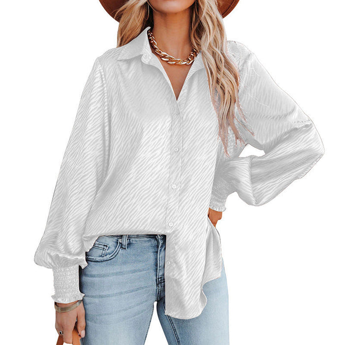 Color-White-Women Clothing Zebra Pattern Collared Breasted Loose Top Lantern Long Sleeve Shirt for Women-Fancey Boutique