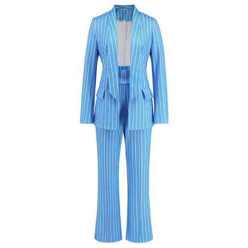 Color-Blue-Autumn Winter Casual Striped Blazer Straight Wide Leg Pants Suit Two Piece Suit-Fancey Boutique