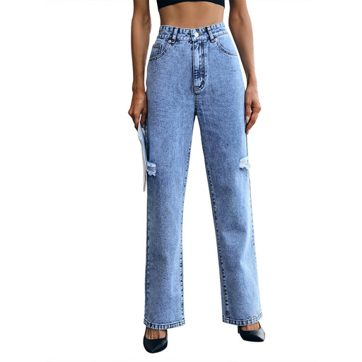 Color-Blue-Women Clothing High Waist Loose Mop Slimming Fashionable Ripped Denim Trousers-Fancey Boutique