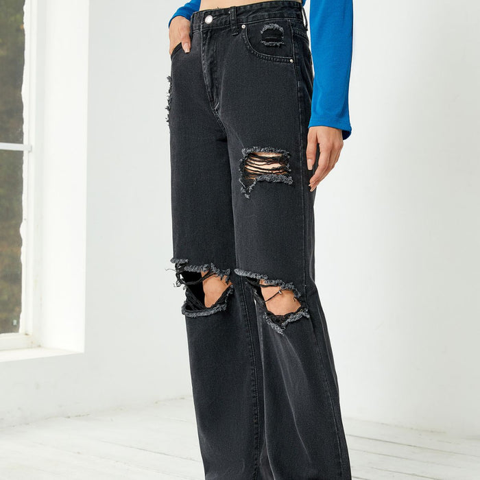 Color-Denim Women Casual Ripped Jeans Loose High Waist Wide Leg Pants Black Jeans-Fancey Boutique