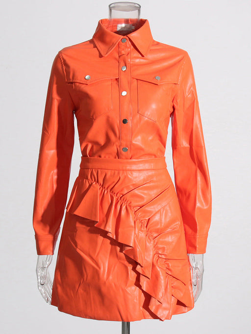 Color-Orange-Coat Faux Leather Suit Early Spring Stand Collar Long Sleeve Shirt High Waist Pleated Skirt Two-Piece Set-Fancey Boutique