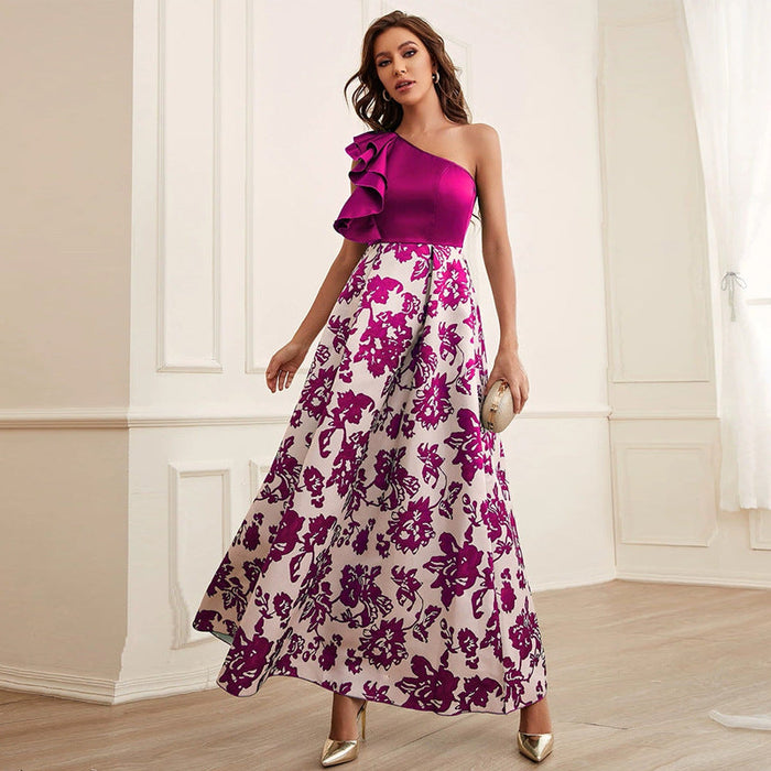 Color-Women Clothing Print Diagonal Collar Lotus Edge One Shoulder Dress-Fancey Boutique