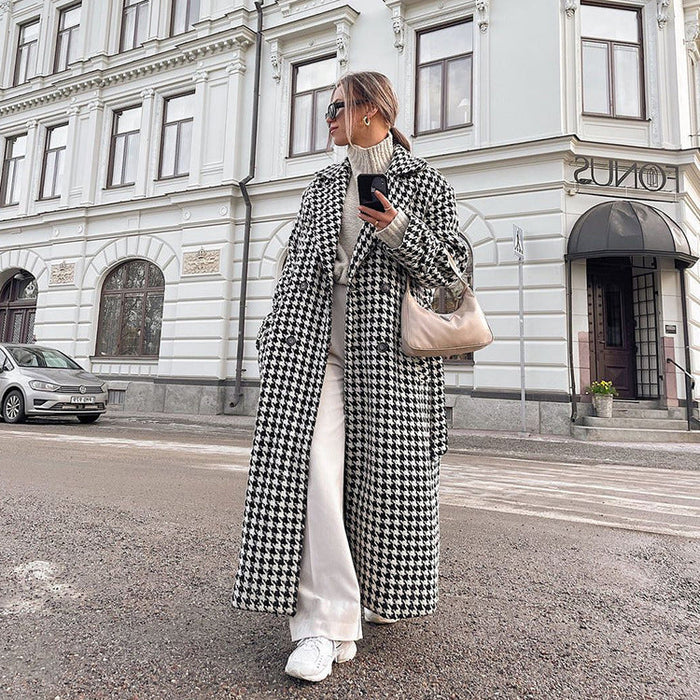 Color-Women Clothing Autumn Winter Houndstooth Long Trench Coat High End Fashionable Coat Black White Young Coat for Women-Fancey Boutique