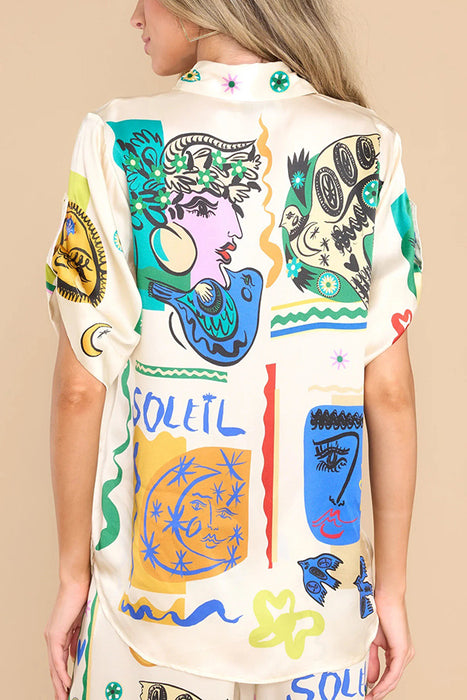 Color-Summer Graffiti Printing Satin Short Sleeve Collared Shirt Trousers Casual Two Piece Suit-Fancey Boutique