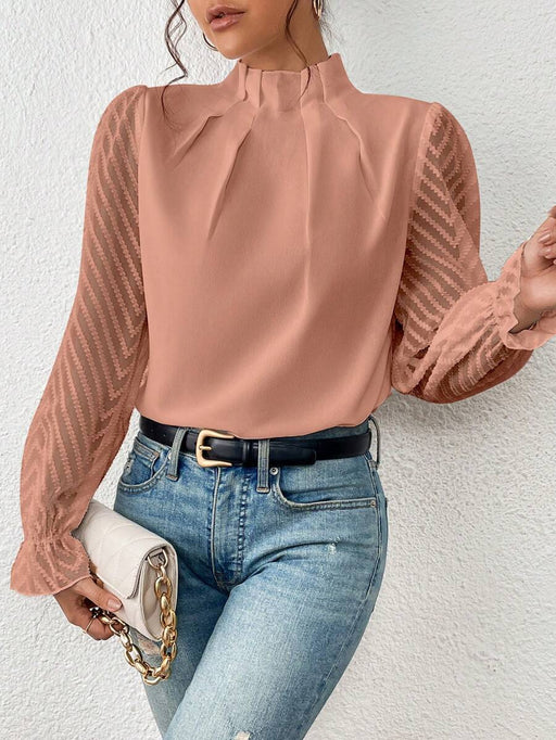 Color-Coral-Women Clothing Autumn Winter Half Turtleneck Stitching Wave Pattern Chiffon Long Sleeve Top Women-Fancey Boutique