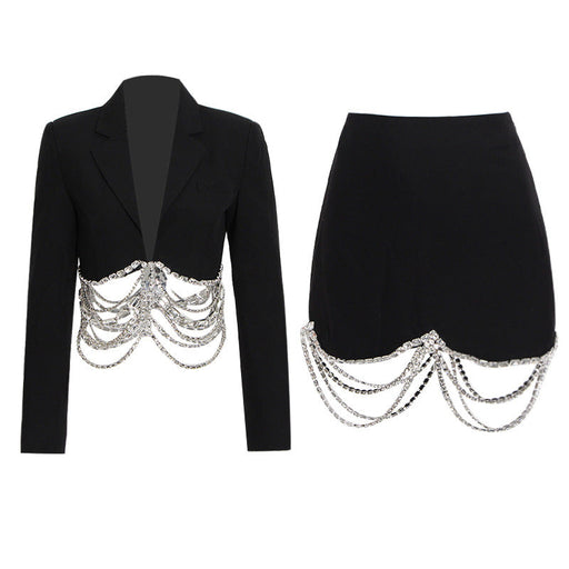 Color-Skirt Set Autumn Rhinestone Chain Stitching Black Short Sheath Slim Skirt-Fancey Boutique