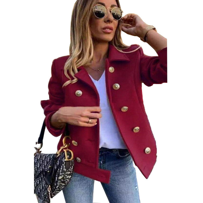 Color-Burgundy-Fall Winter Slim Long Sleeve Double Breasted Collar Woolen Jacket-Fancey Boutique