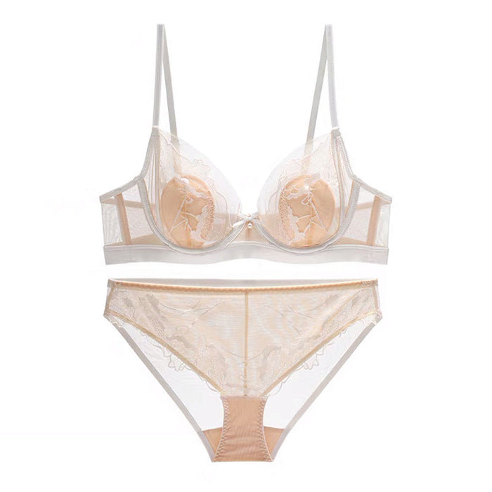 Color-Skin-White Suit-French Mesh Embroidery Contrast Color Underwear Women Big Chest Show Sexy Push up Breathable Bra Rabbit Ear Cup Bra Set-Fancey Boutique