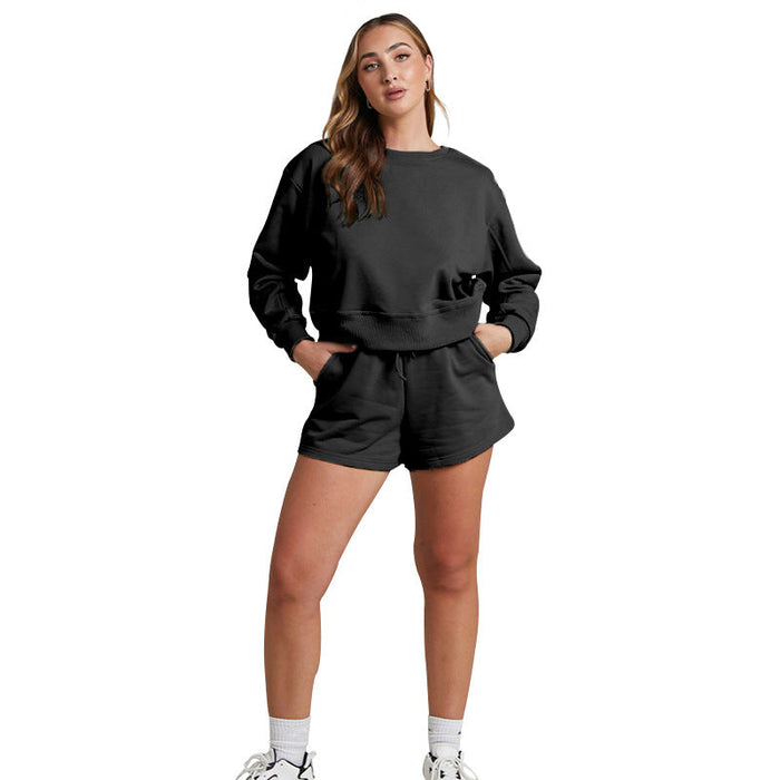 Color-Black-Solid Color Long Sleeve Sweaters Women Clothing Short Two-Piece Casual Shorts Suit-Fancey Boutique