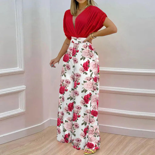 Color-Women Clothing Summer Elegant V neck Printed Wide Leg Pants Casual Set-Fancey Boutique