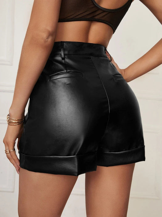 Color-Faux Leather Shorts Women Outer Wear Summer High Roll Hem Pleated Ladies Casual Hip-Wrapped Pants-Fancey Boutique