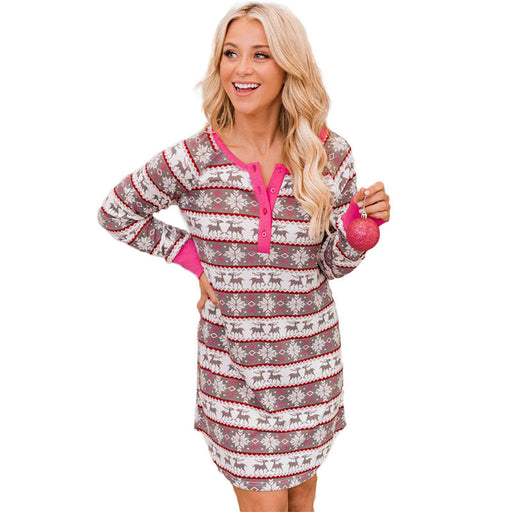 Color-Coral Red-Long Sleeve Loungewear Suit Women Autumn Christmas Printing round Neck Breasted Nightdress-Fancey Boutique