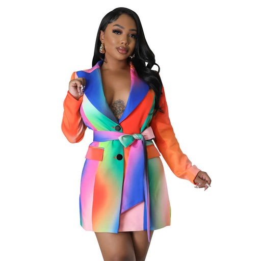 Color-Rainbow-Women Clothes Green Collar Suit Printed Dress-Fancey Boutique
